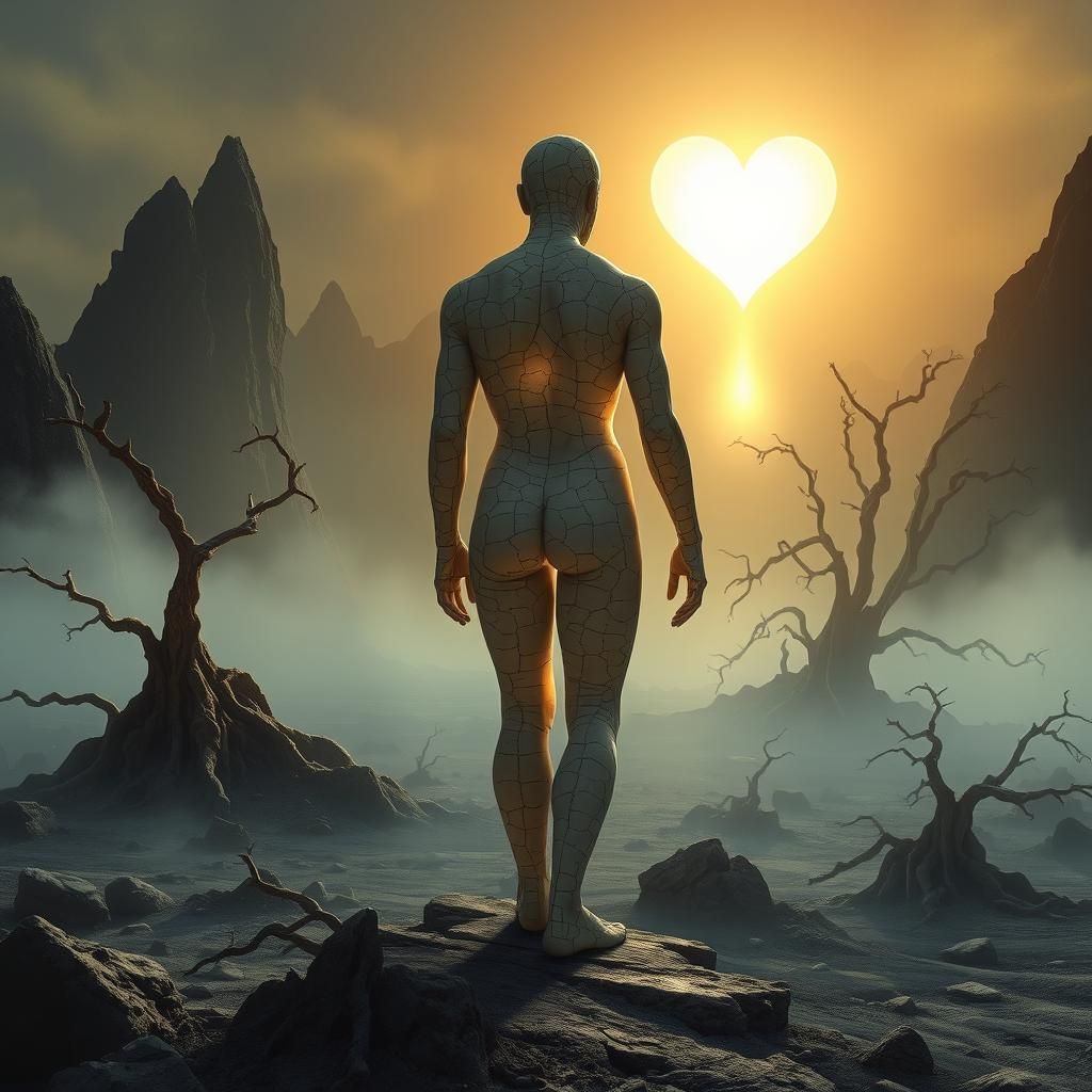 Ceramic Wanderer in Desolate Wasteland, Digital Art