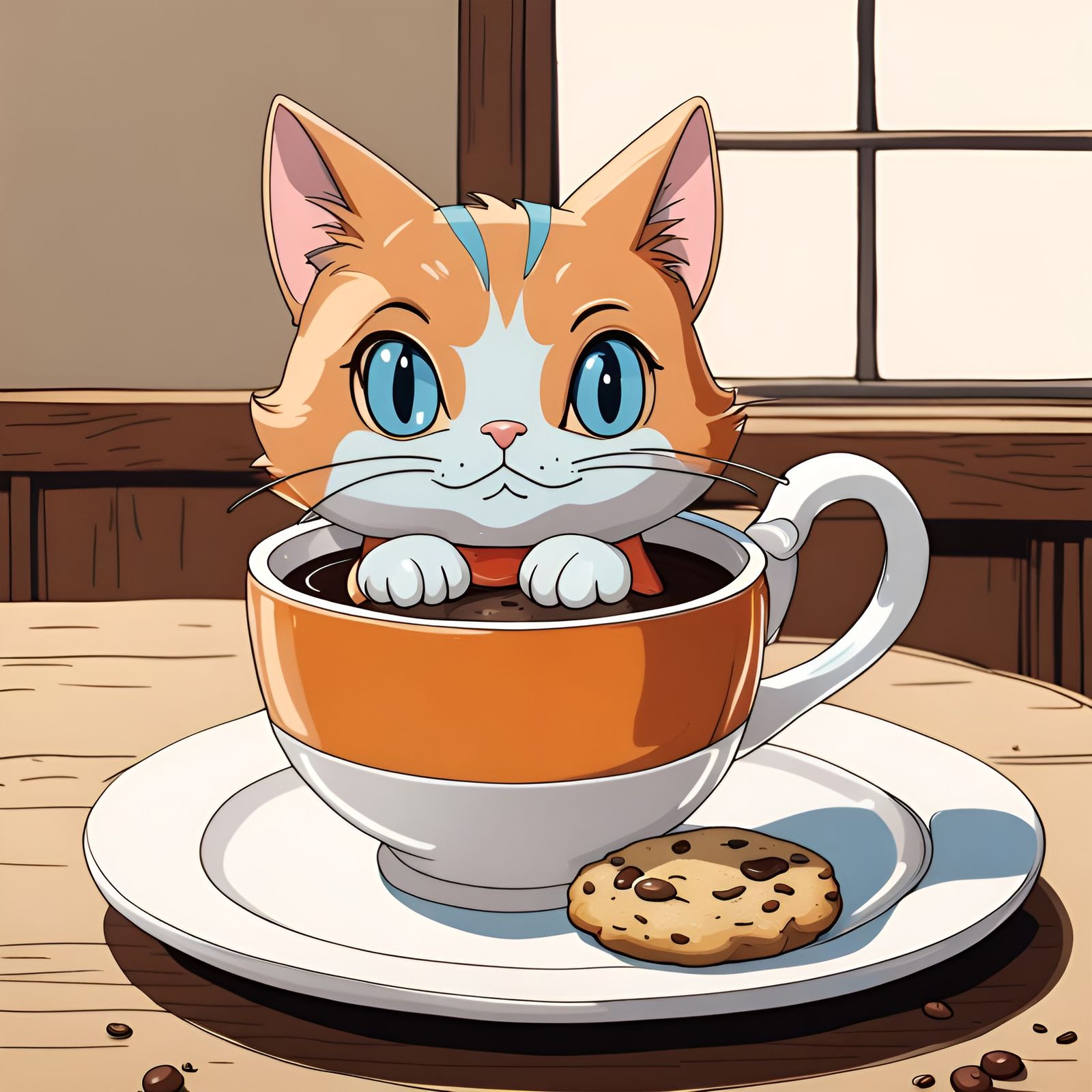 Cute Blue Cat with Coffee, Ghibli Style