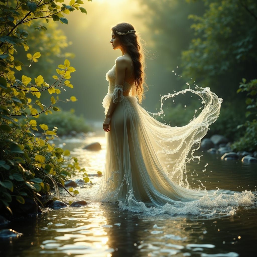 Slavic Water Princess in Ancient Costume, Surrounded by Lush...