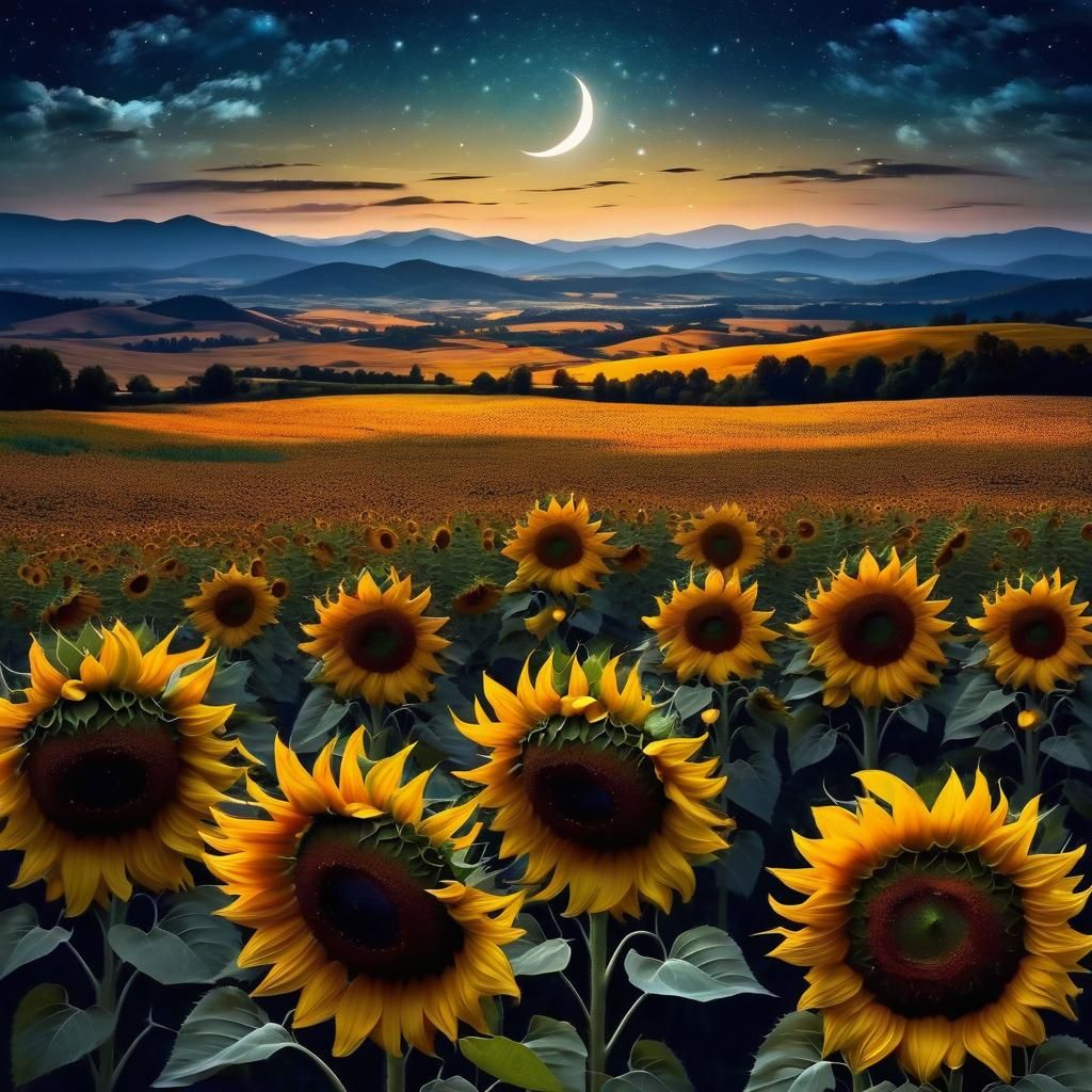 Sunflowers Under a Crescent Moon