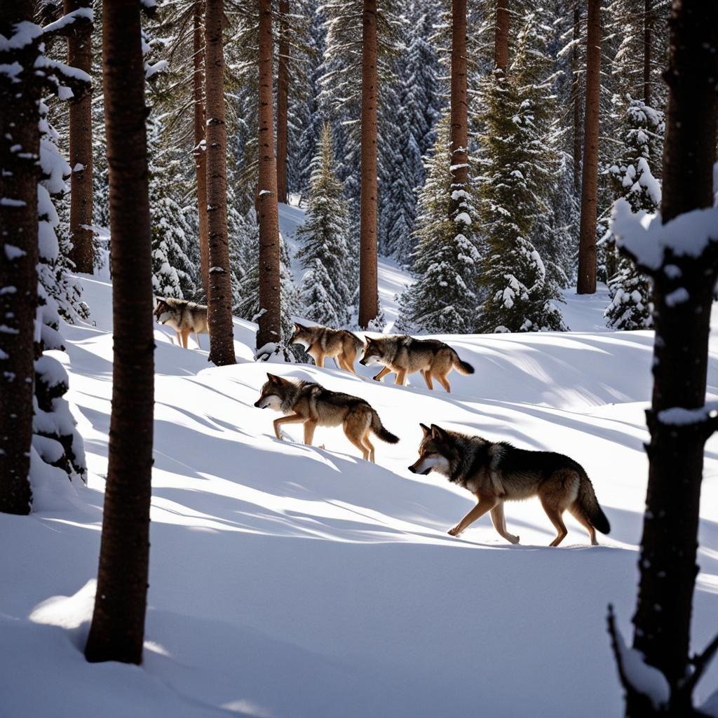 Wolves Stalking Through Snowy Wilderness to Cabin