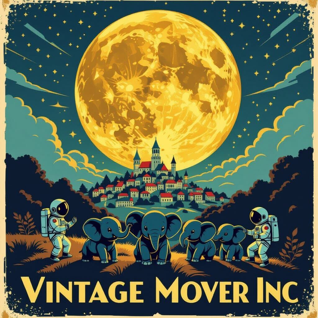 Vintage Poster of Gold Moon Over Elephant Village