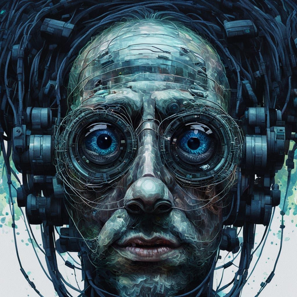 Surreal Face with Digital Eyes in Dystopian Style