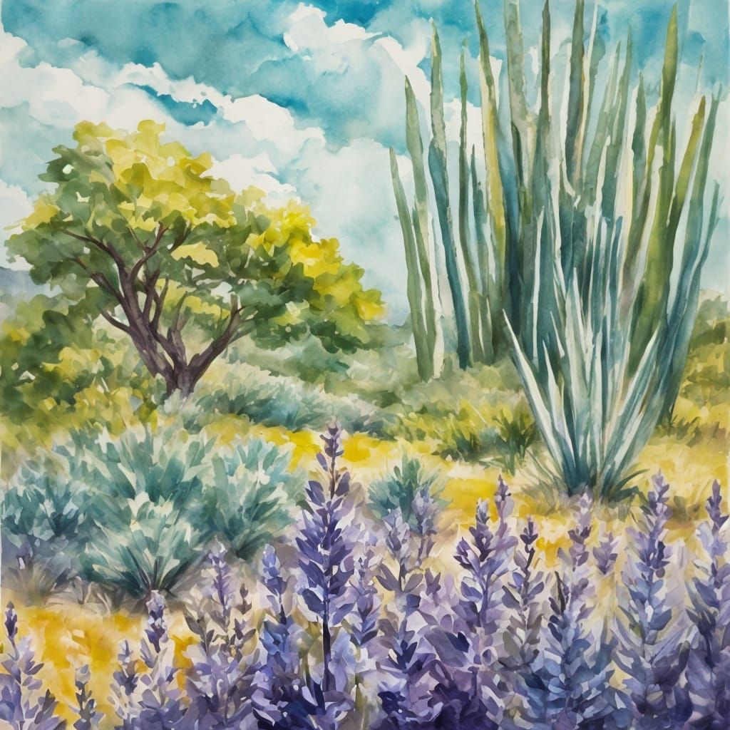 Whimsical style lemon balm, yucca trees and wild lavender in...