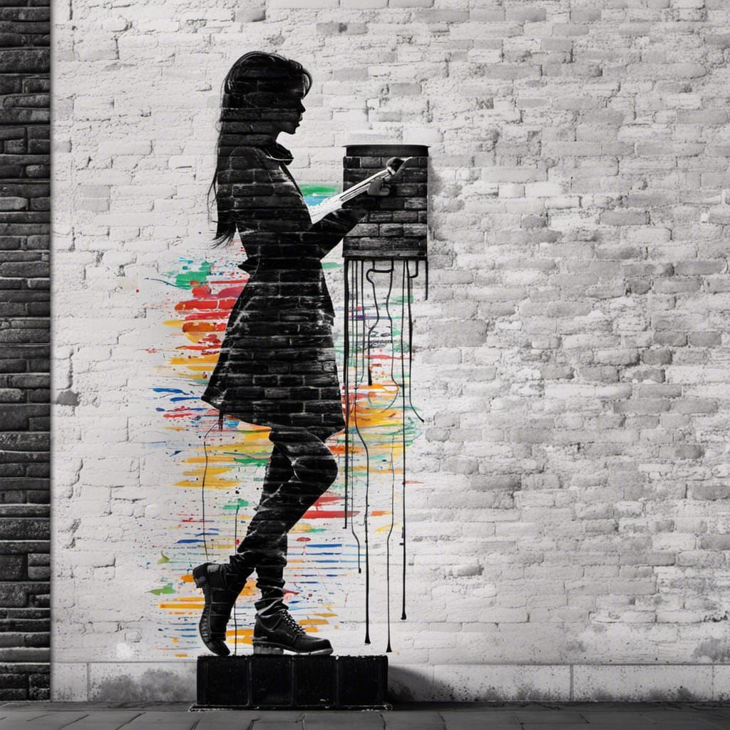 Girl Painting Brick Wall: 70s Collage in 8k