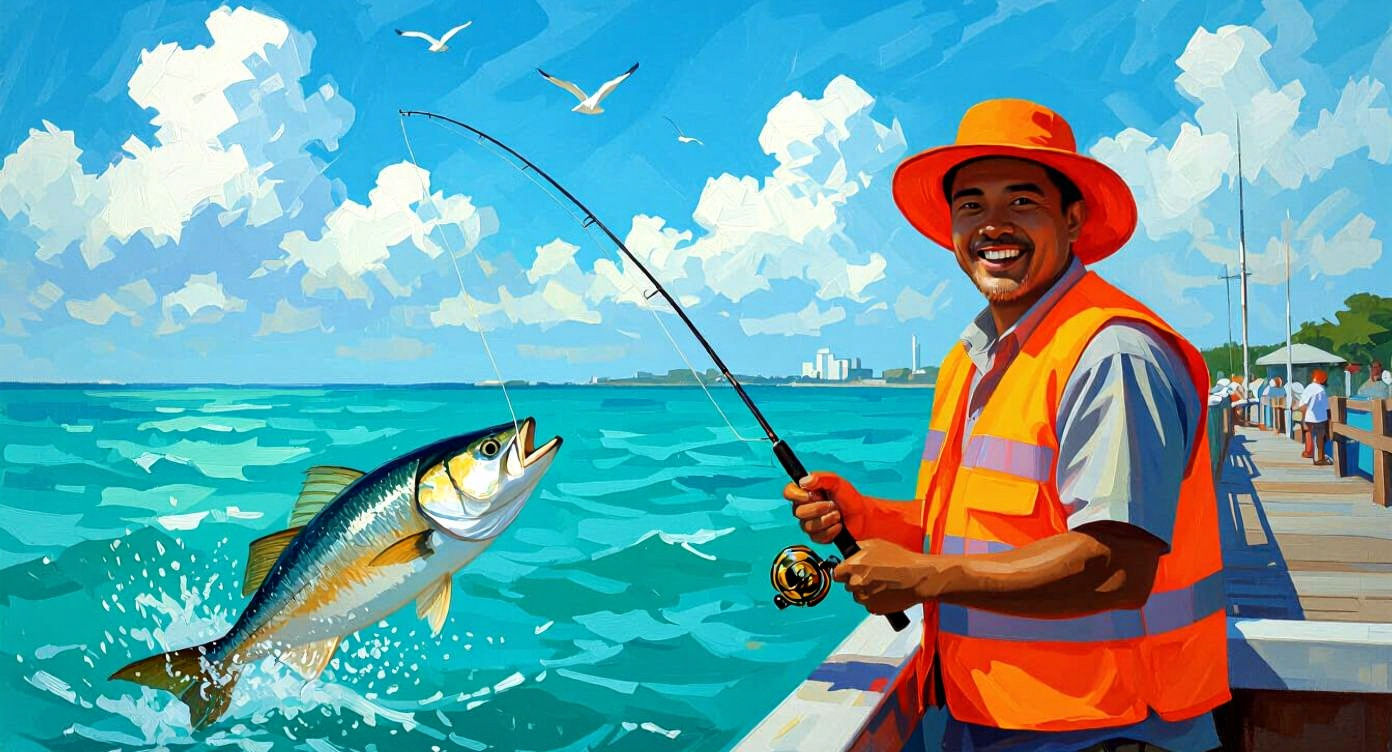 Joyful Fisherman Reeling in a Fish at Jetty