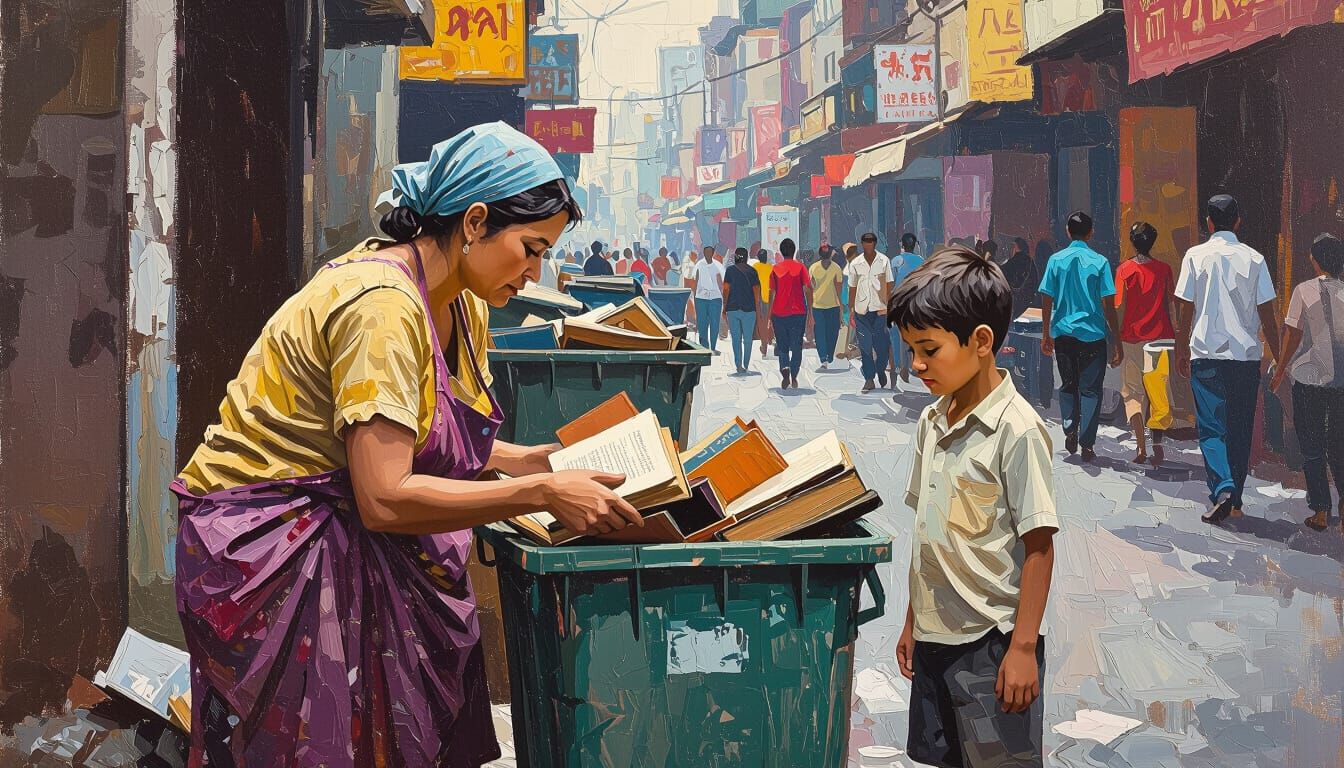 Hopeful Mother and Son in Gouache Style