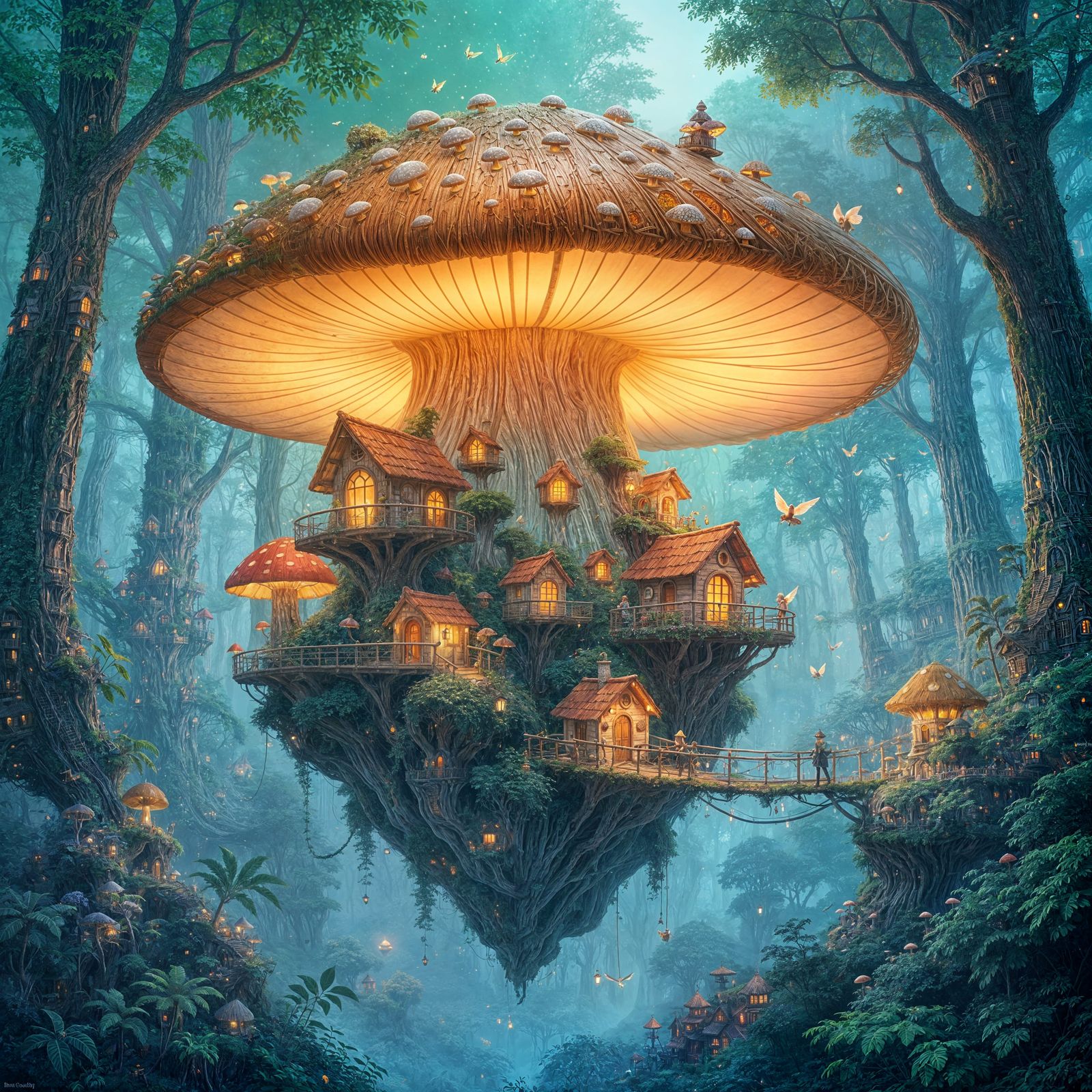 Whimsical Mushroom City with Winged Creatures