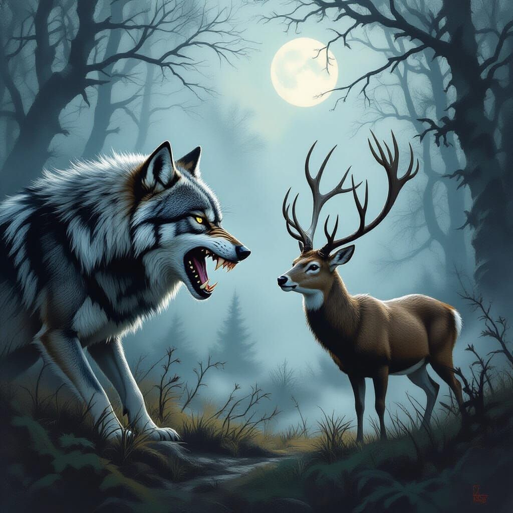 Menacing Wolf Confronts Deer in Misty Moonlit Forest