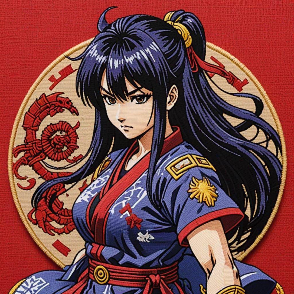 Intricate Anime Needlepoint patch of Saeko Busujima fighting heroically