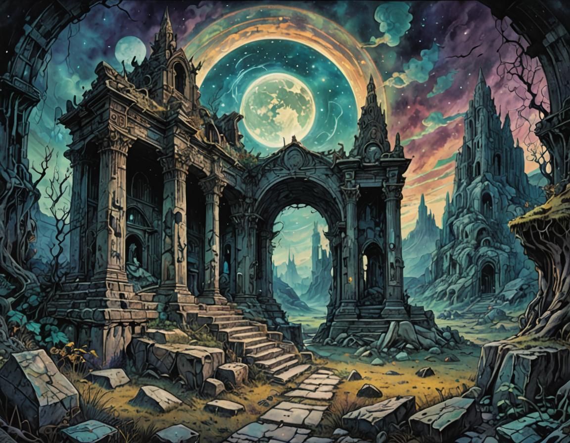 Ethereal Crypt in Ruins: Holographic Astral Illustration