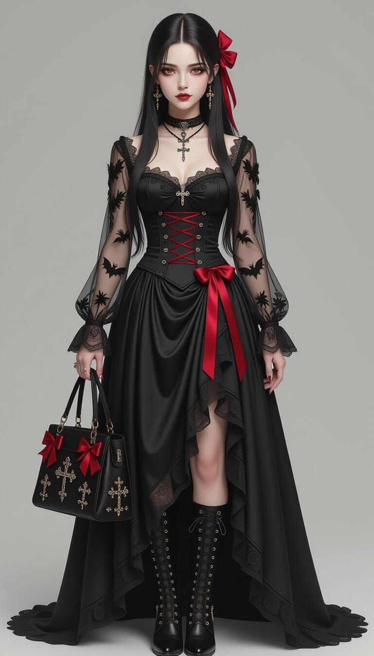 Gothic Woman in Black Lace Gown Posing Like a Model