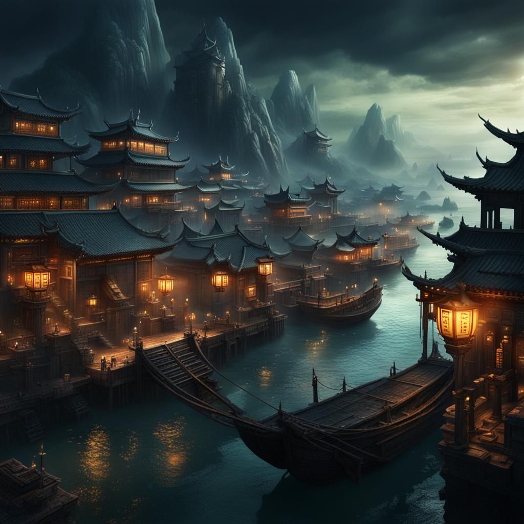 Dark Fantasy Chinese Port City Seaside Digital Painting