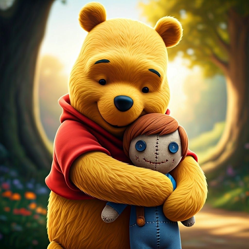 Winnie the Pooh Tenderly Hugs a Handmade Doll of Christopher...