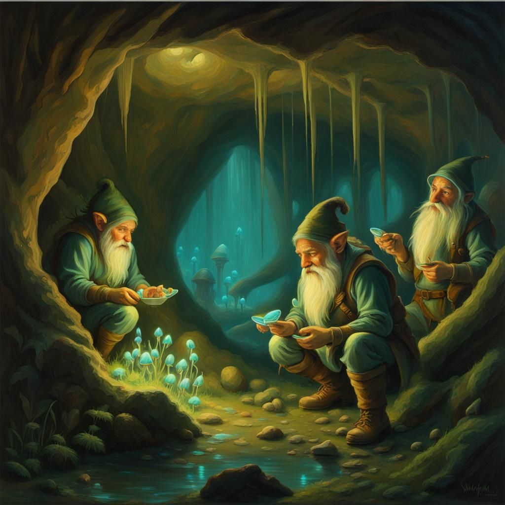 Bioluminescent Cave Elves and Dwarves: HD Oil Painting