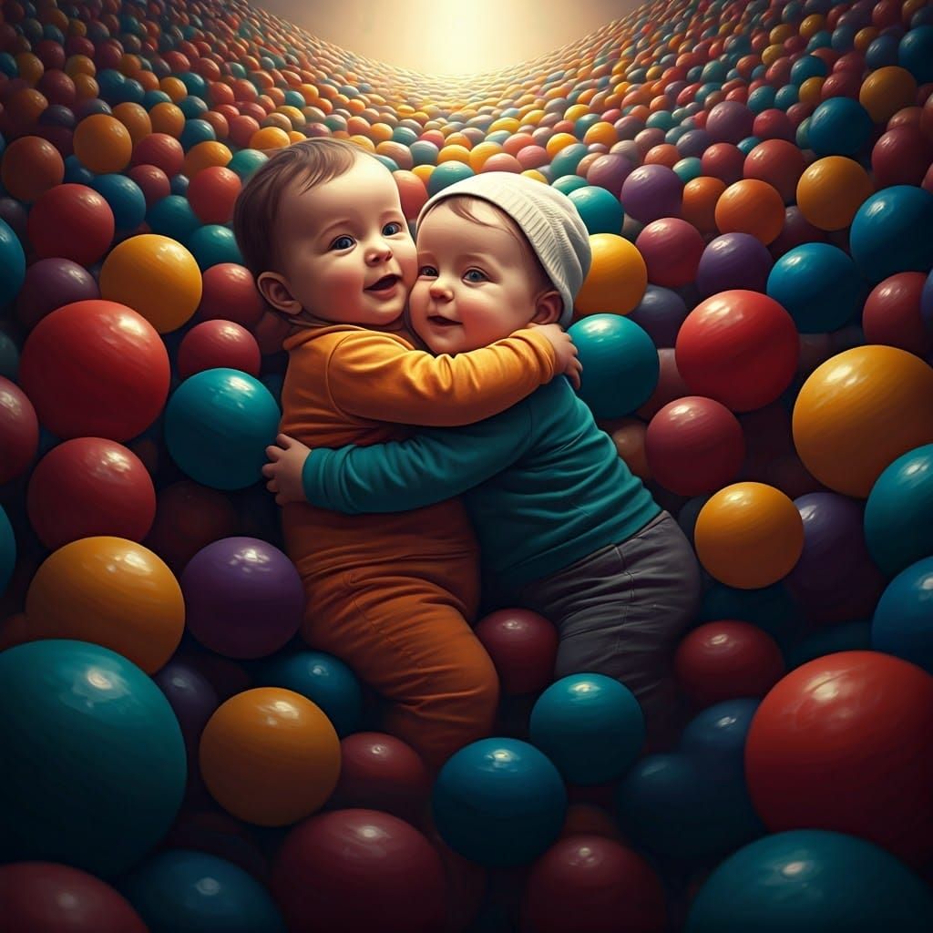 Joyful Babies Embrace in a Vibrant Ball Playground