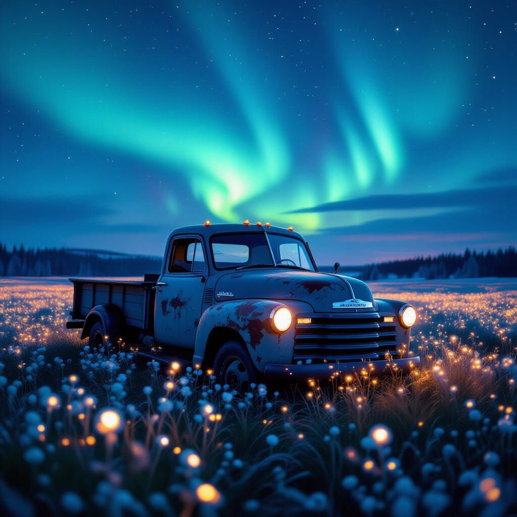 Derelict Truck in Bioluminescent Field Under Aurora