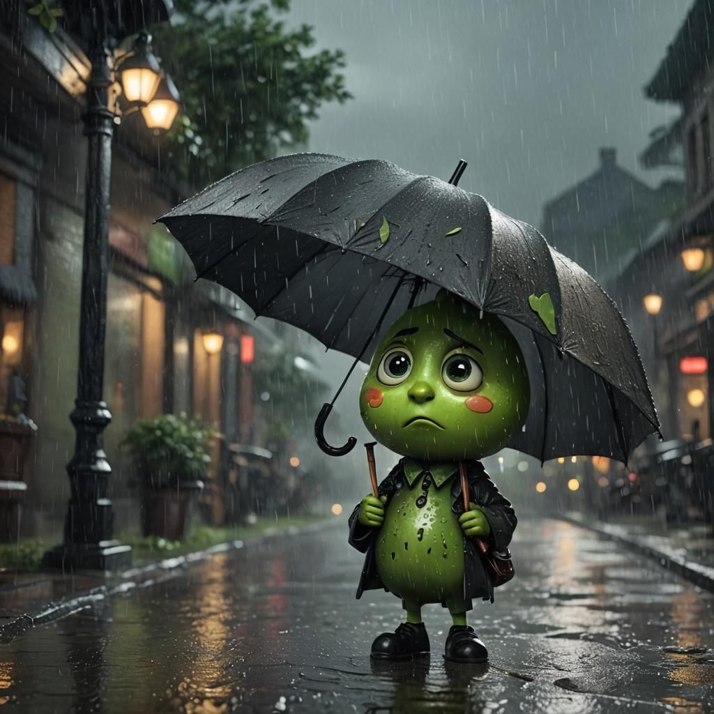 Sad Pear Walking in Rain with Umbrella
