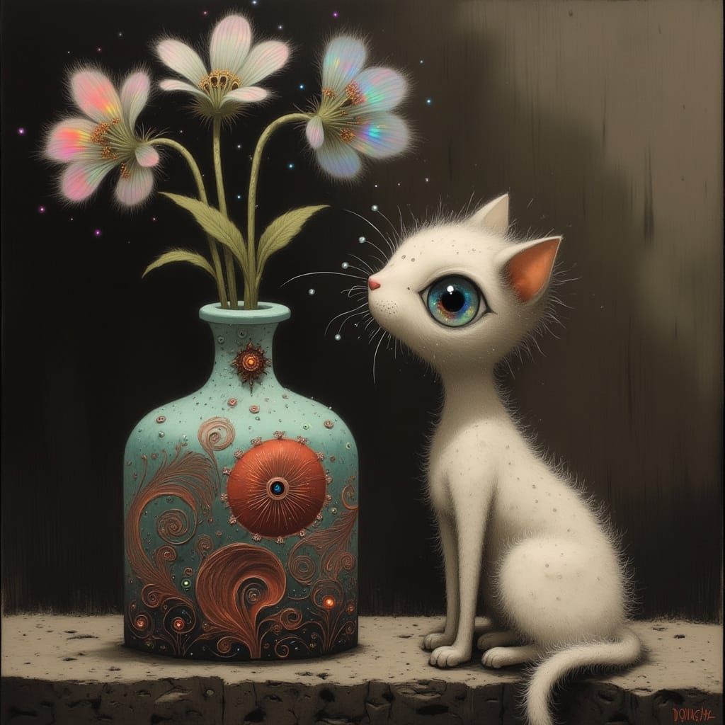 Whimsical Feline Contemplates Cornflower Gin