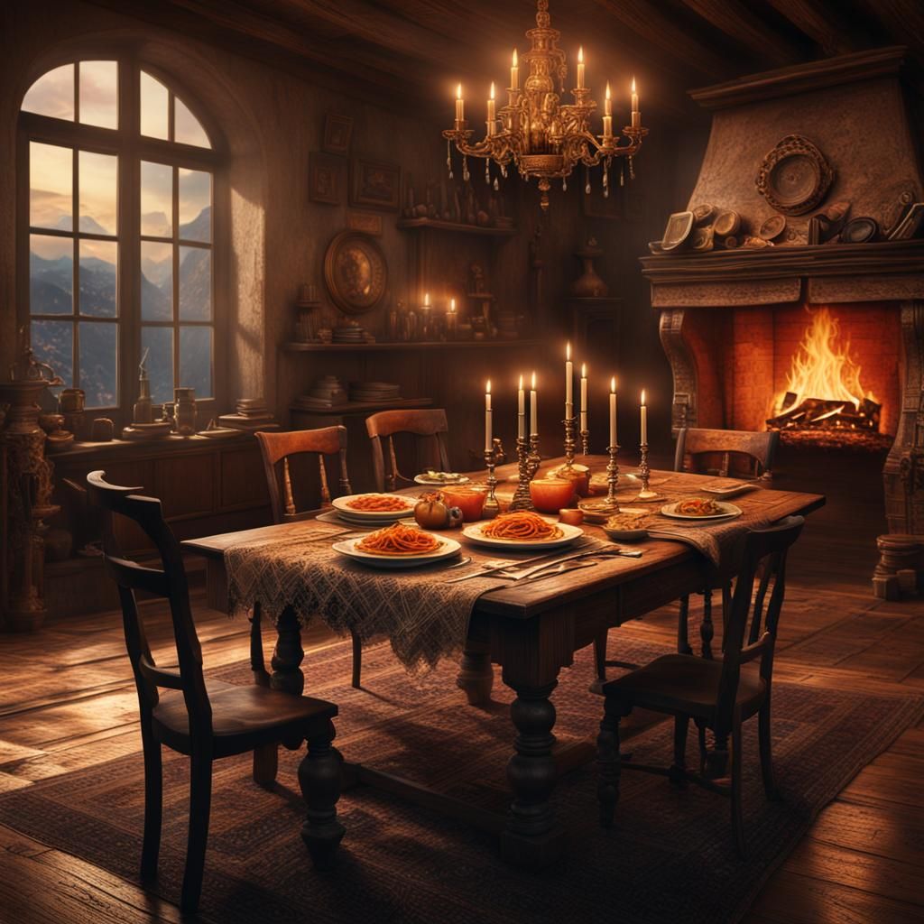 Fresh Spaghetti on Wooden Table: Digital Matte Painting