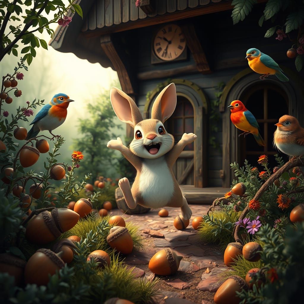 Joyful Rabbit Leaping in Fantastical Garden