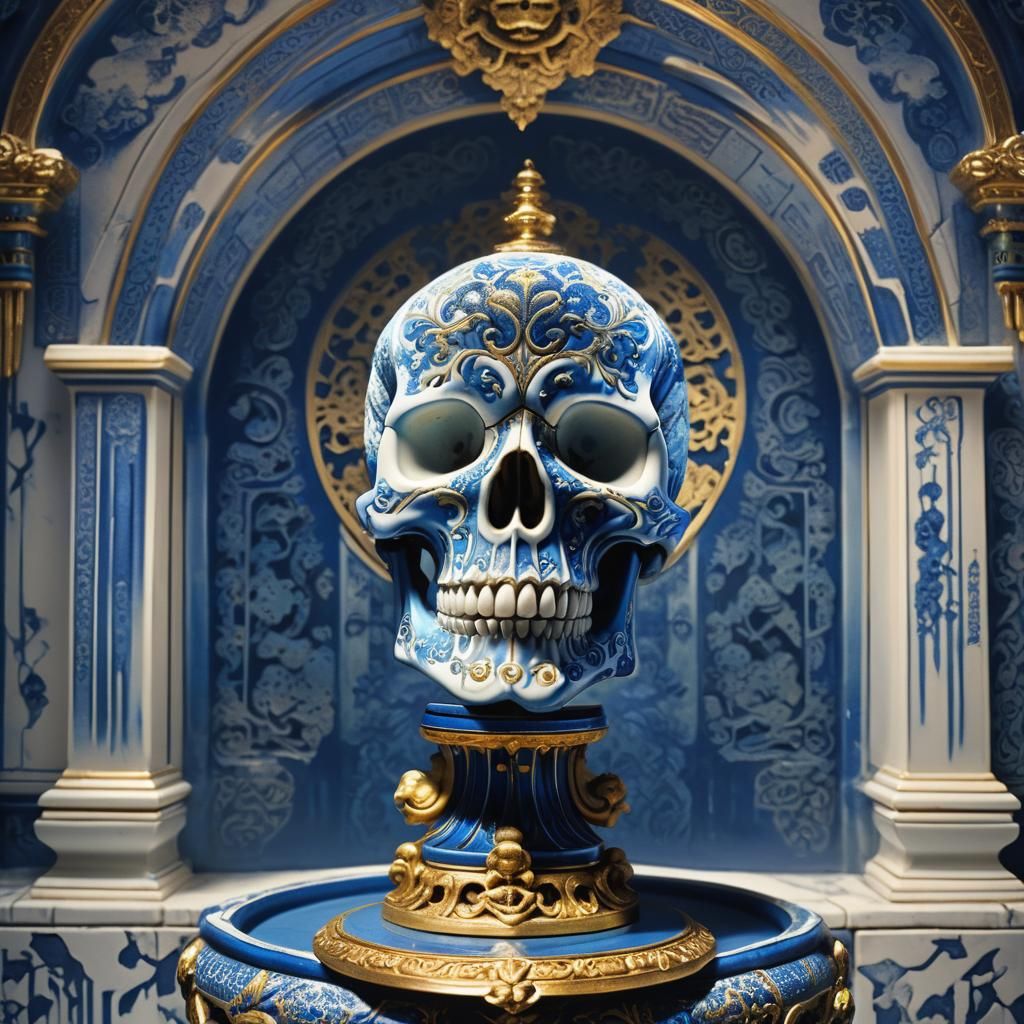Blue and White China Skull Art Nouveau