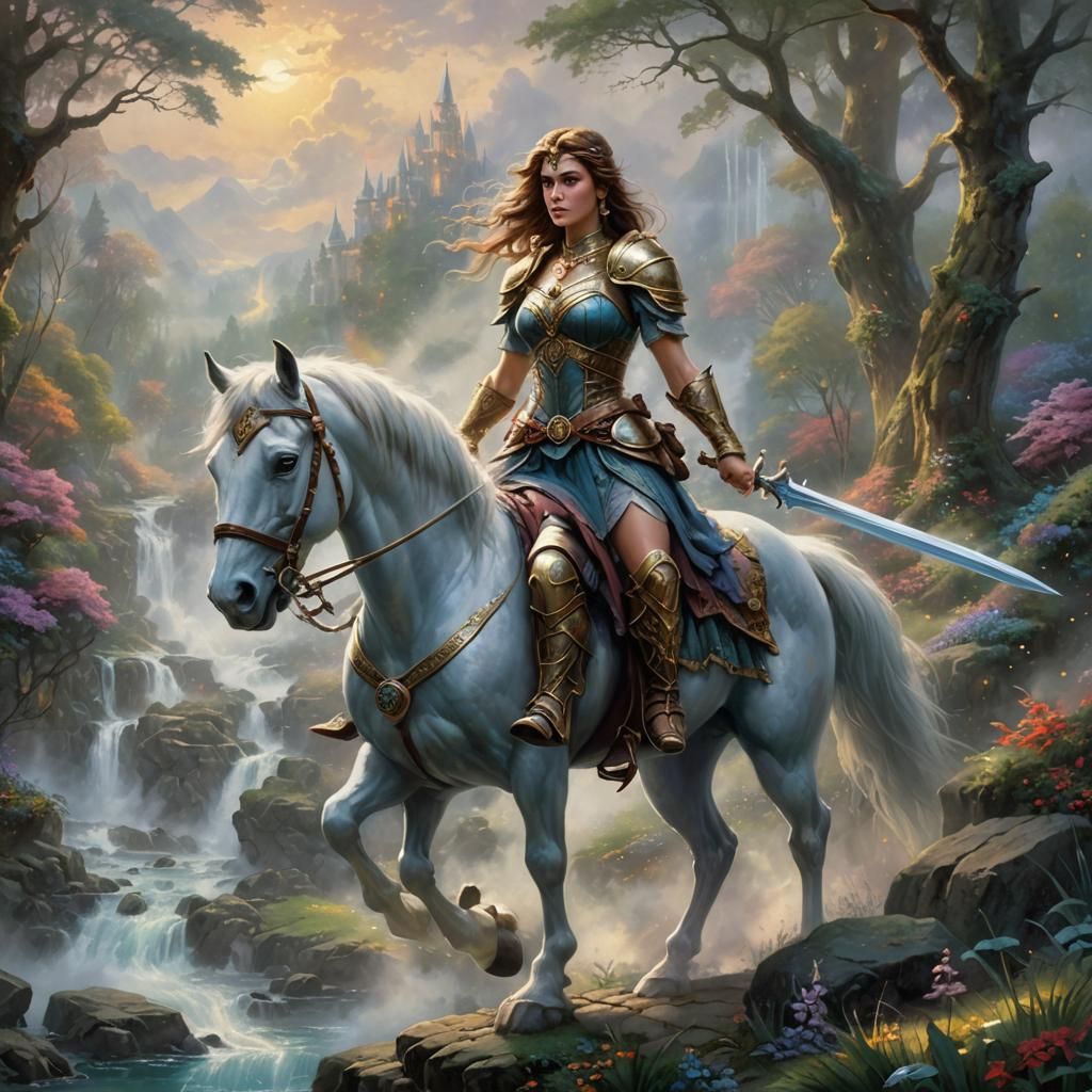 Ethereal Warrior Princess in a Misty Landscape