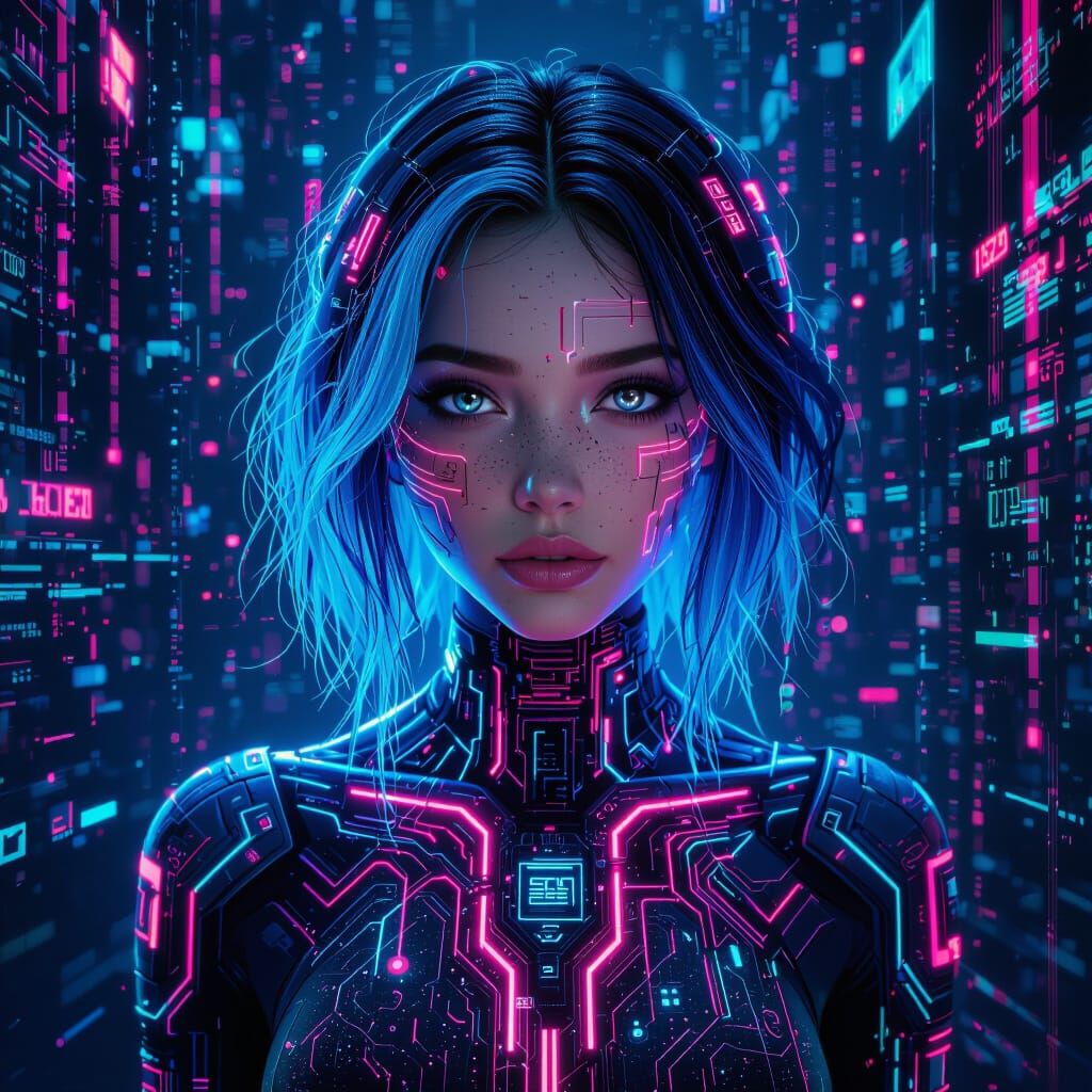 Cyberpunk Woman with Neon Circuitry Patterns
