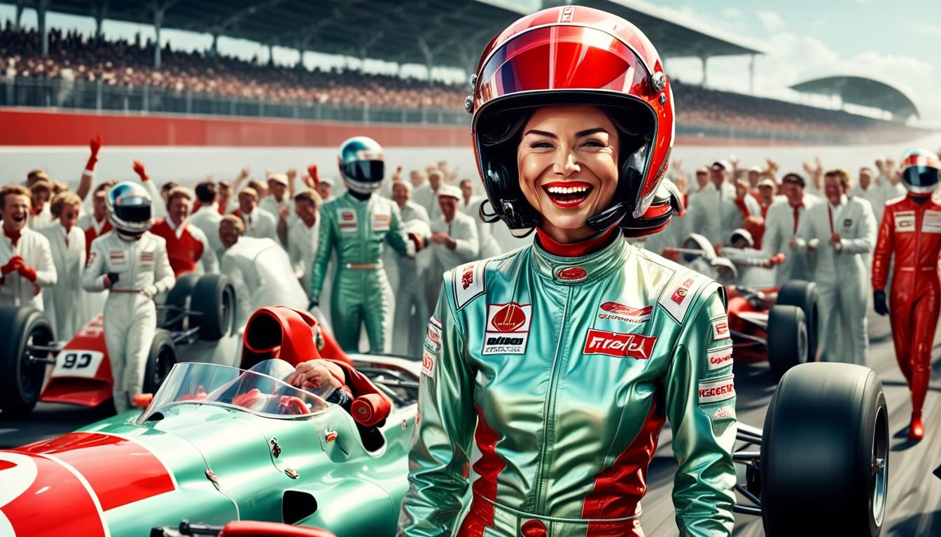 Woman Celebrates Race Win in Shiny Green Suit