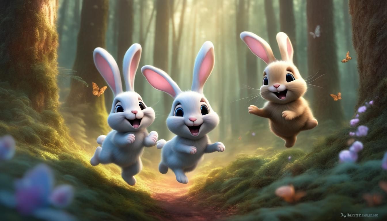 Cute Bunnies Catching Butterflies in Dreamy Forest