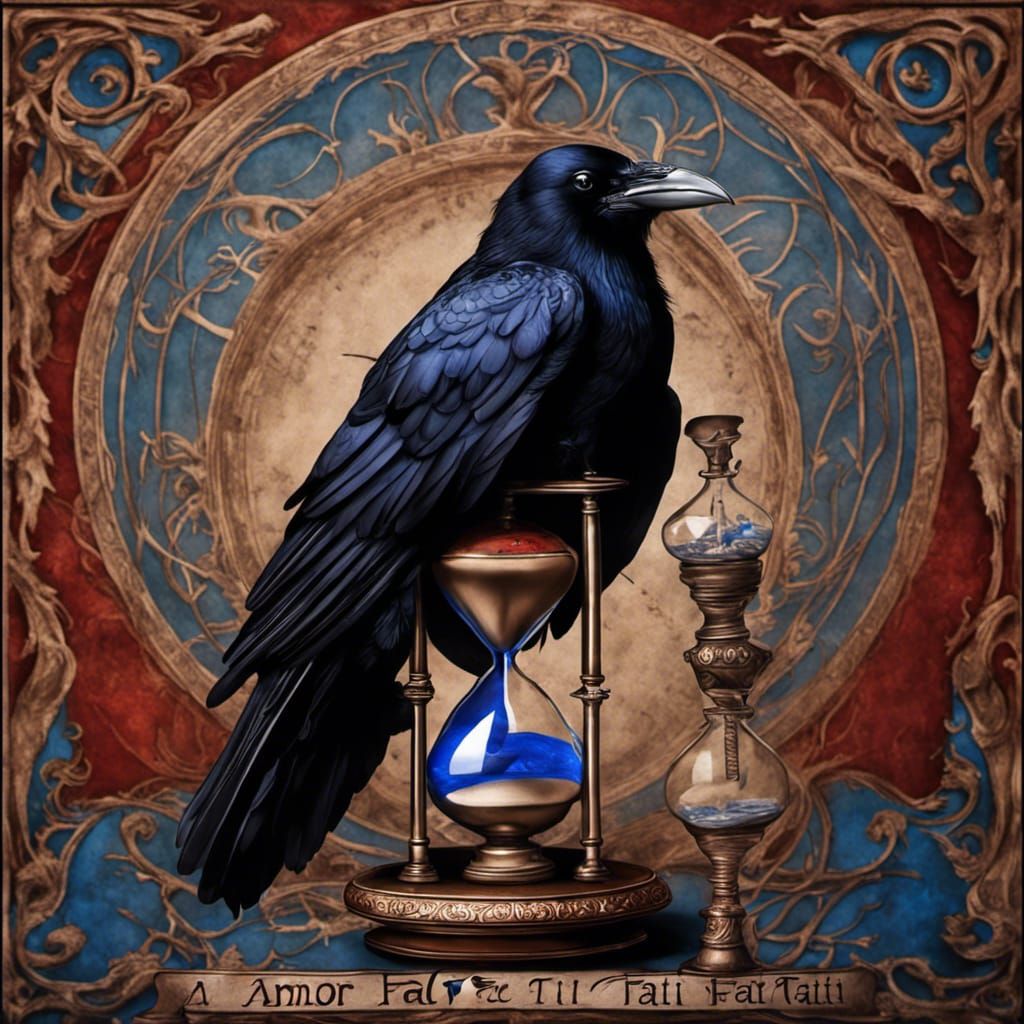 Raven Carrying Hourglass with Amor Fati Text