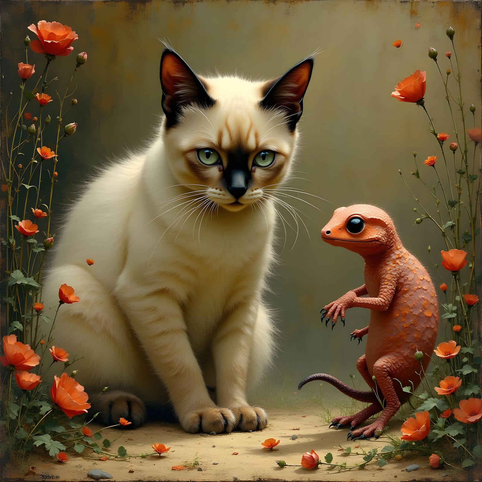 Siamese Cat Watches Skink Amidst Poppies and Roses