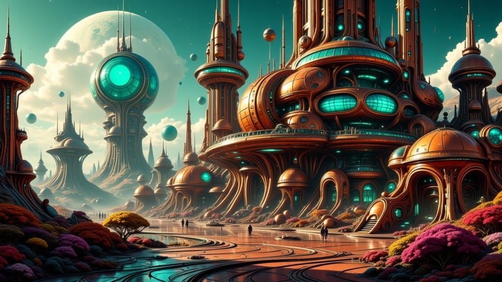 Sci-Fi Cityscape with Art Deco Architecture on Alien Planet