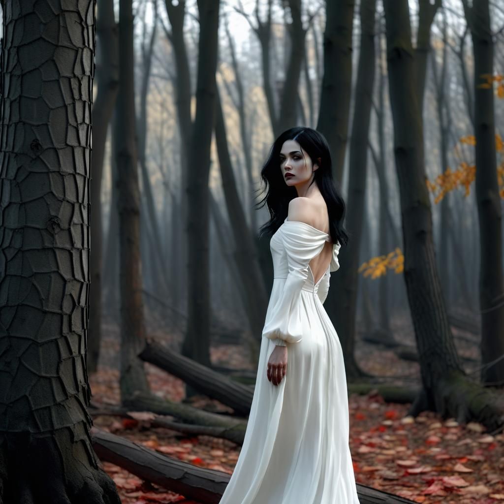 Gloomy Vampire Woman in Autumn Woods