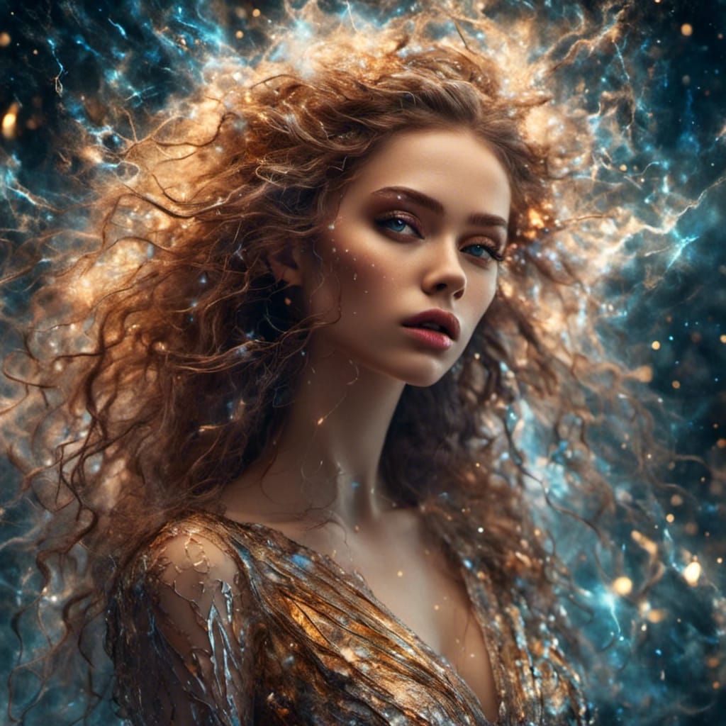 Attractive Woman with Sky Eyes in Lightning Sky