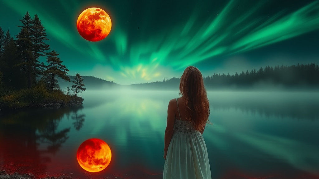 Green and Red Lunar Eclipse Over Lake