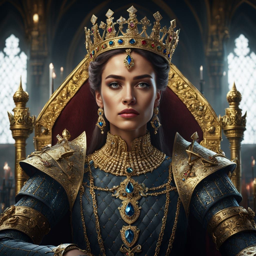 Young Queen on Throne with Knights, Fantasy Concept Art