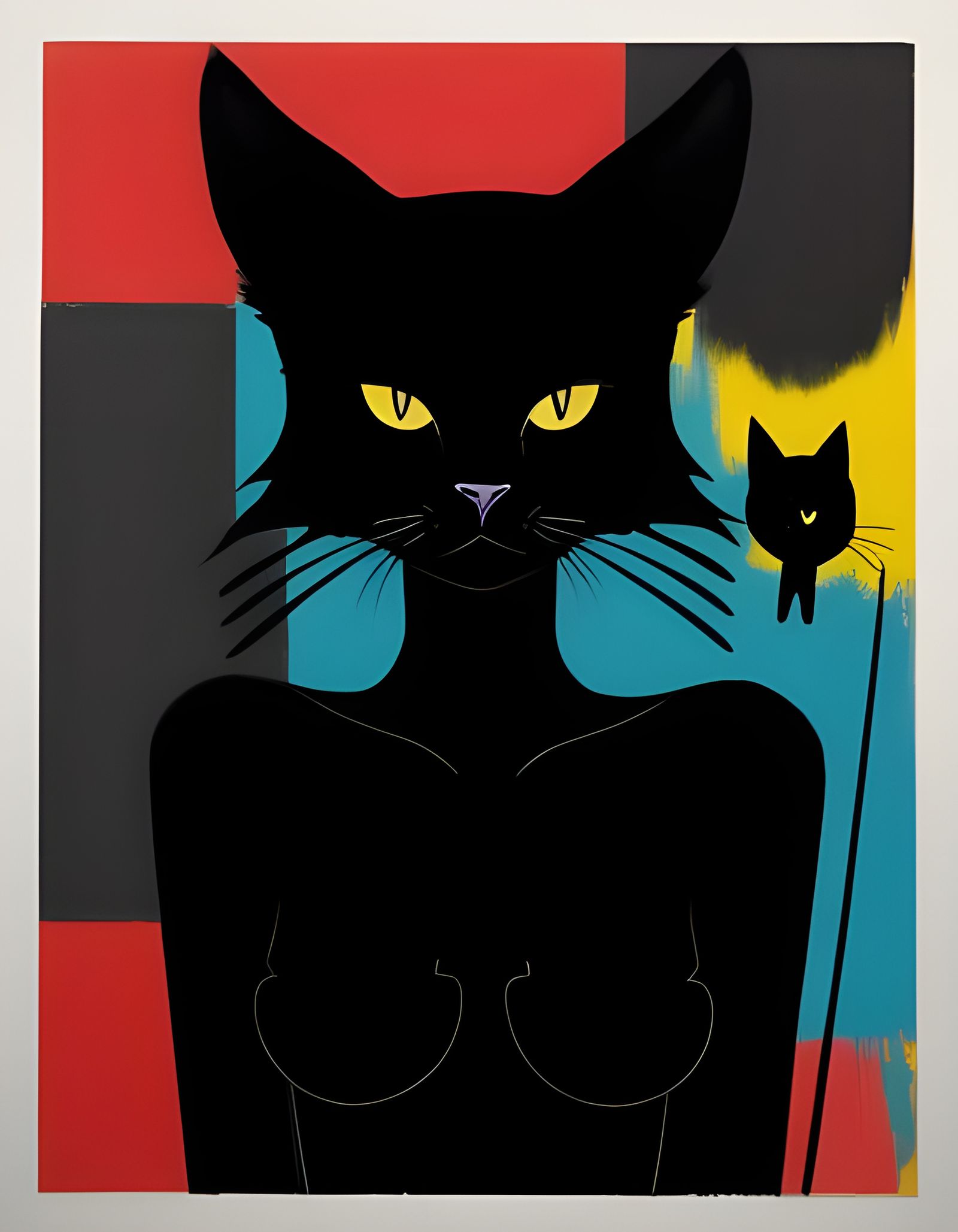 Surreal Feline Portrait in Bold Primary Colors