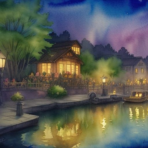 Dreamy Watercolor Lanterns on Lazy River at Twilight