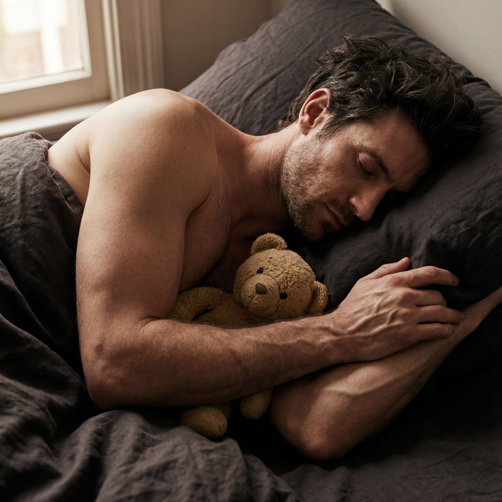 Man Sleeping Peacefully Cradling Teddy Bear