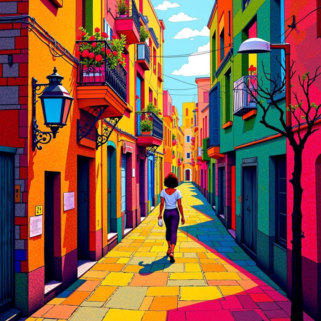 Vibrant Cubist Street Scene with Geometric Mosaic Patterns