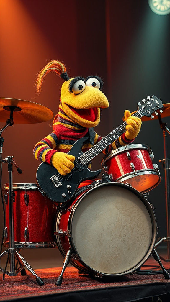 Sock Puppet Drummer in Comic Punk Style