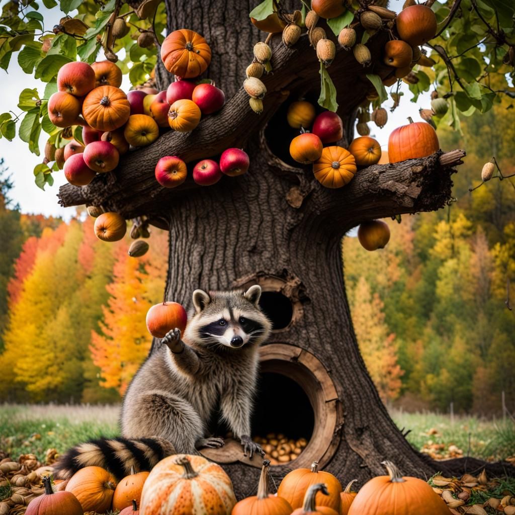 Happy Raccoon in Hollow Tree with Autumn Harvest