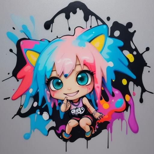 Charming Chibi Character in Graffiti Splash Art