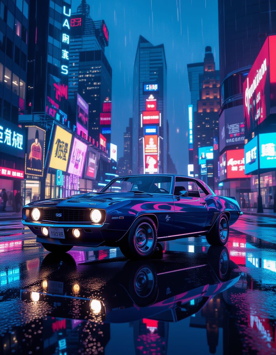 Midnight Blue 1969 Camaro on Neon-Lit Future Street