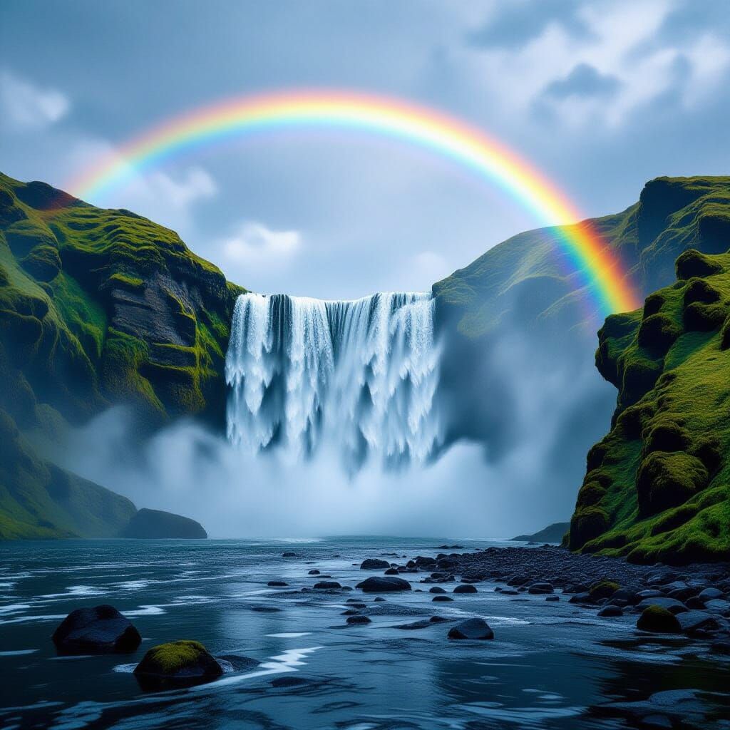 Colossal Waterfall with Rainbow in Hyperrealistic Style