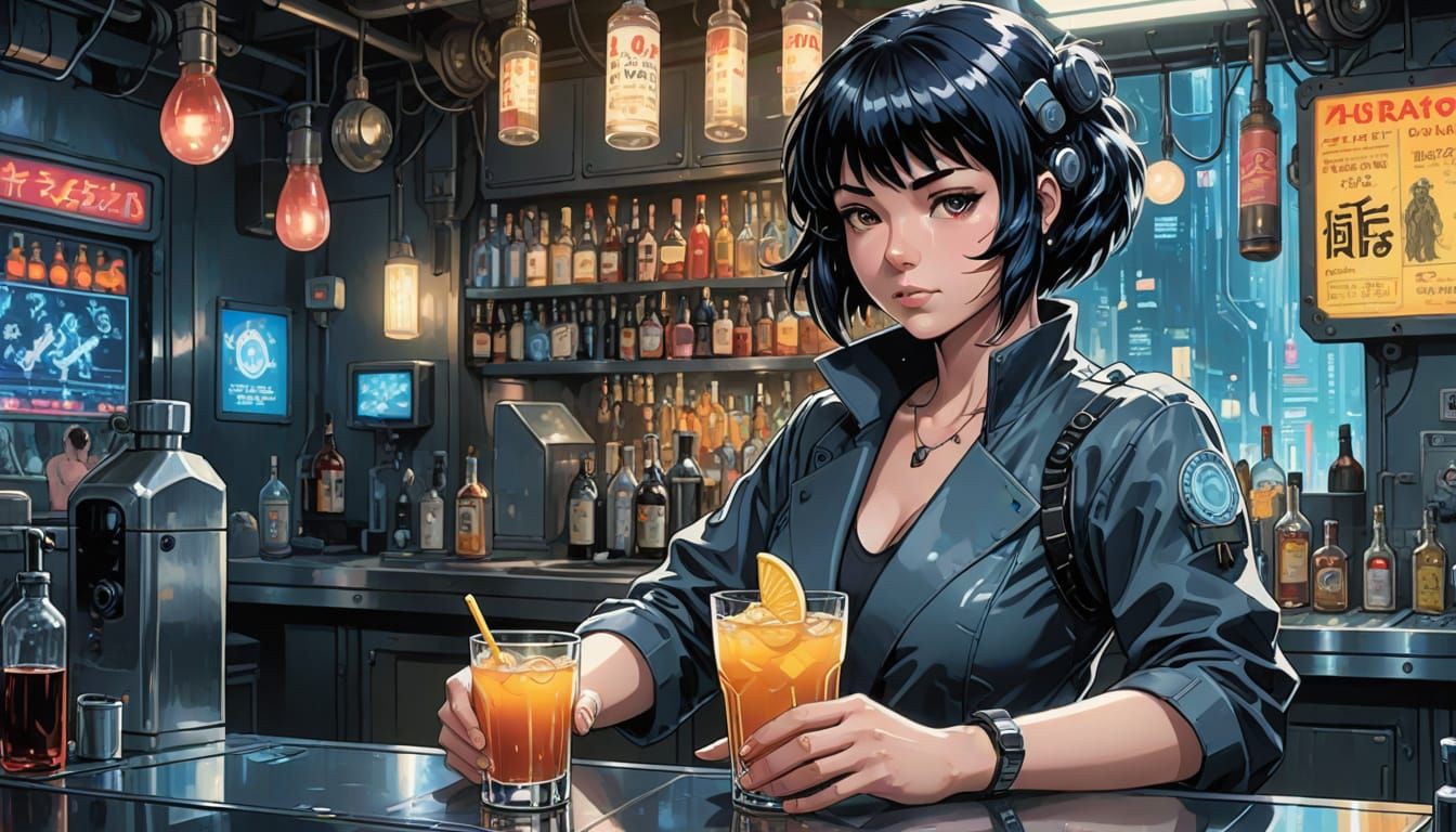 Kawaii Cyborg Bartender in Anime Style