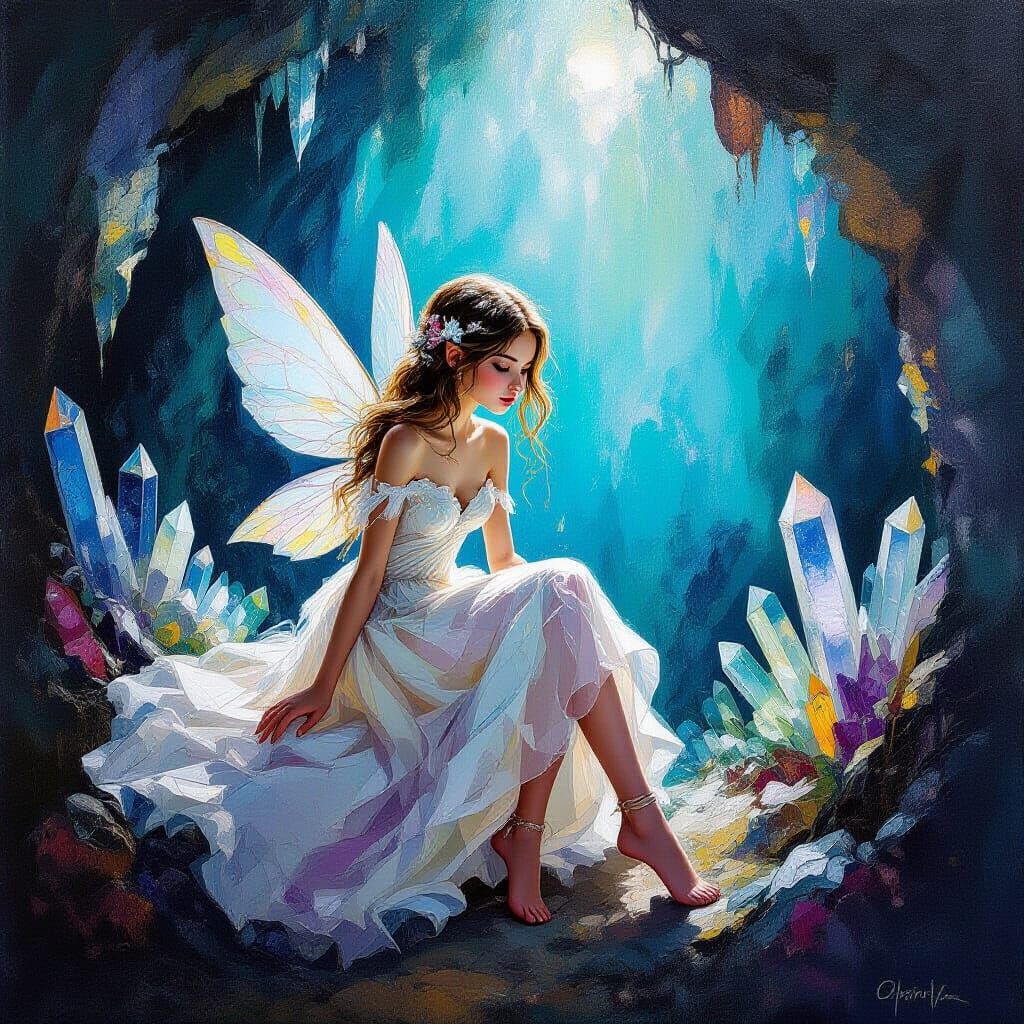 Mystical Fairy in Crystalline Cave: Neo-Impressionism