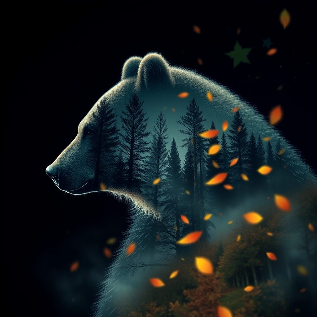 Double Exposure Bear in Autumn Forest