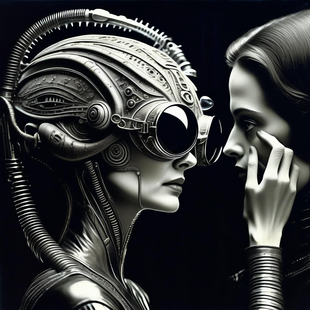 Woman with Cyberpunk Goggles Talking to Alien